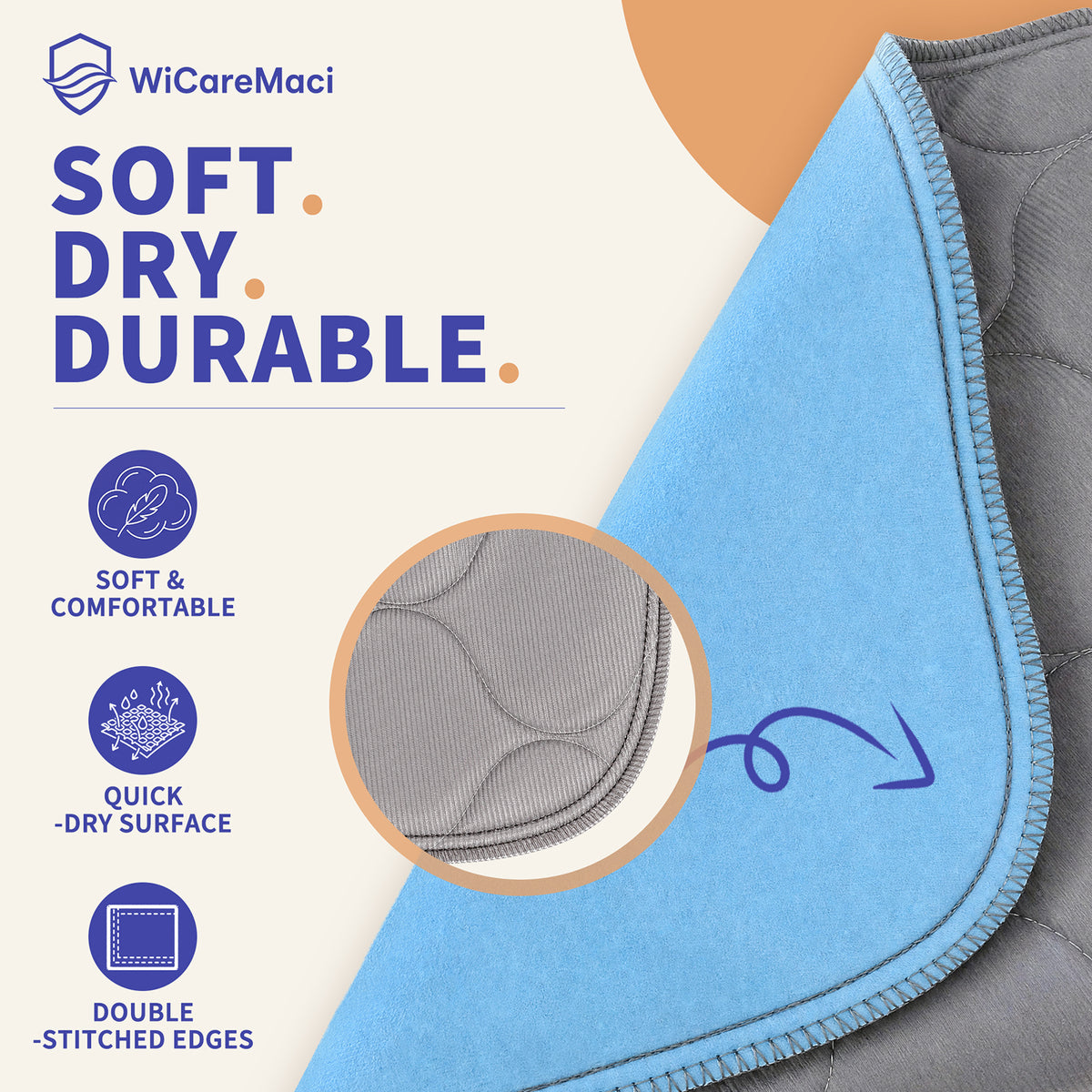 WCM—Incontinence Pads (Large Onion, Gray + Blue; 100% polyester brushed fabric + absorbent layer + 100% polyester brushed fabric laminated with TPU film, machine-quilted with five-thread edging)
