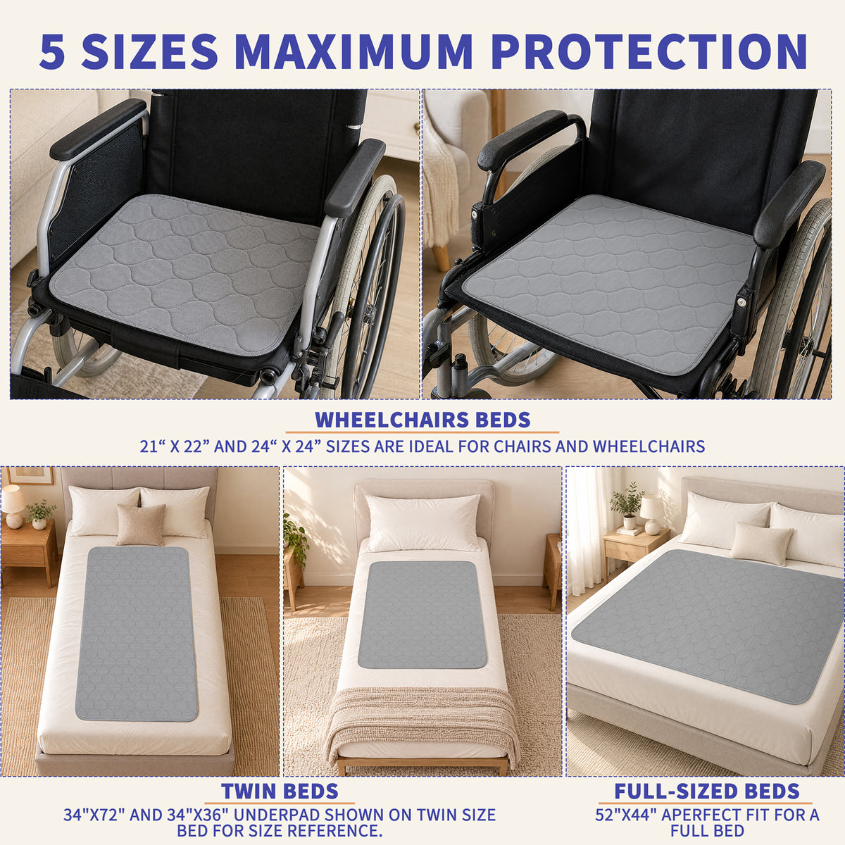 WCM—Incontinence Pads (Large Onion, Gray + Blue; 100% polyester brushed fabric + absorbent layer + 100% polyester brushed fabric laminated with TPU film, machine-quilted with five-thread edging)